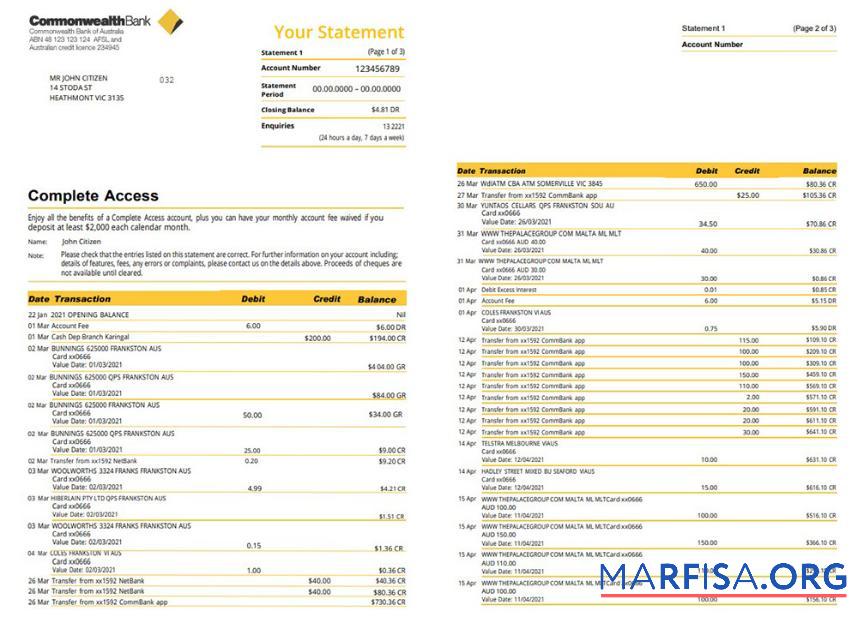 Printable Australia Commonwealth bank statement version 2 template